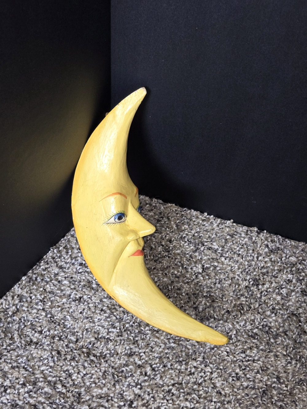 Moon Face Carved Wood Painted Hanger Decor